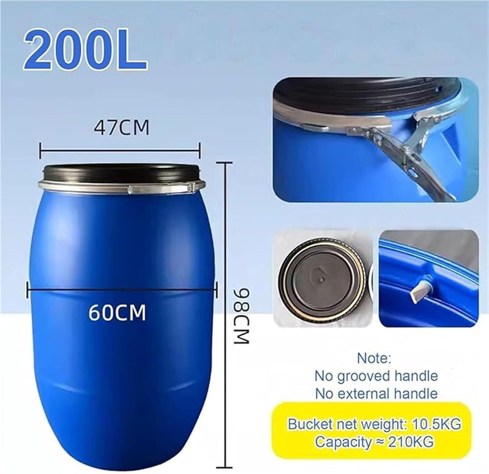 LICOME blue barrel lid and latch ring close-up showing secure sealing.