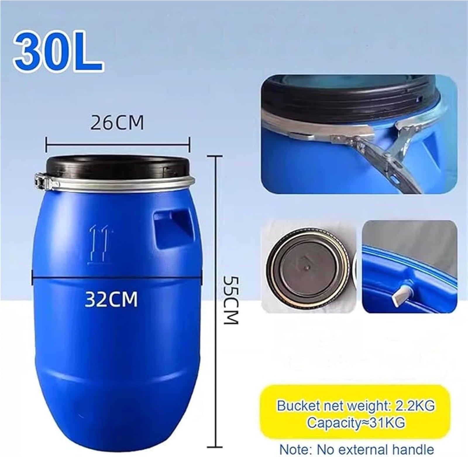 LICOME blue barrel with latch ring seals tightly for water or food storage.
