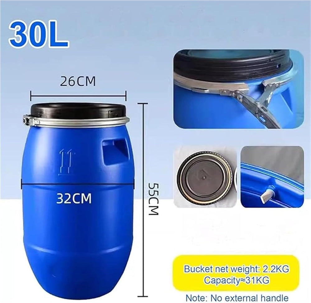 LICOME blue barrel with latch ring seals tightly for water or food storage.