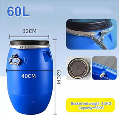 LICOME blue barrel showing sealed lid with metal ring for airtight storage.