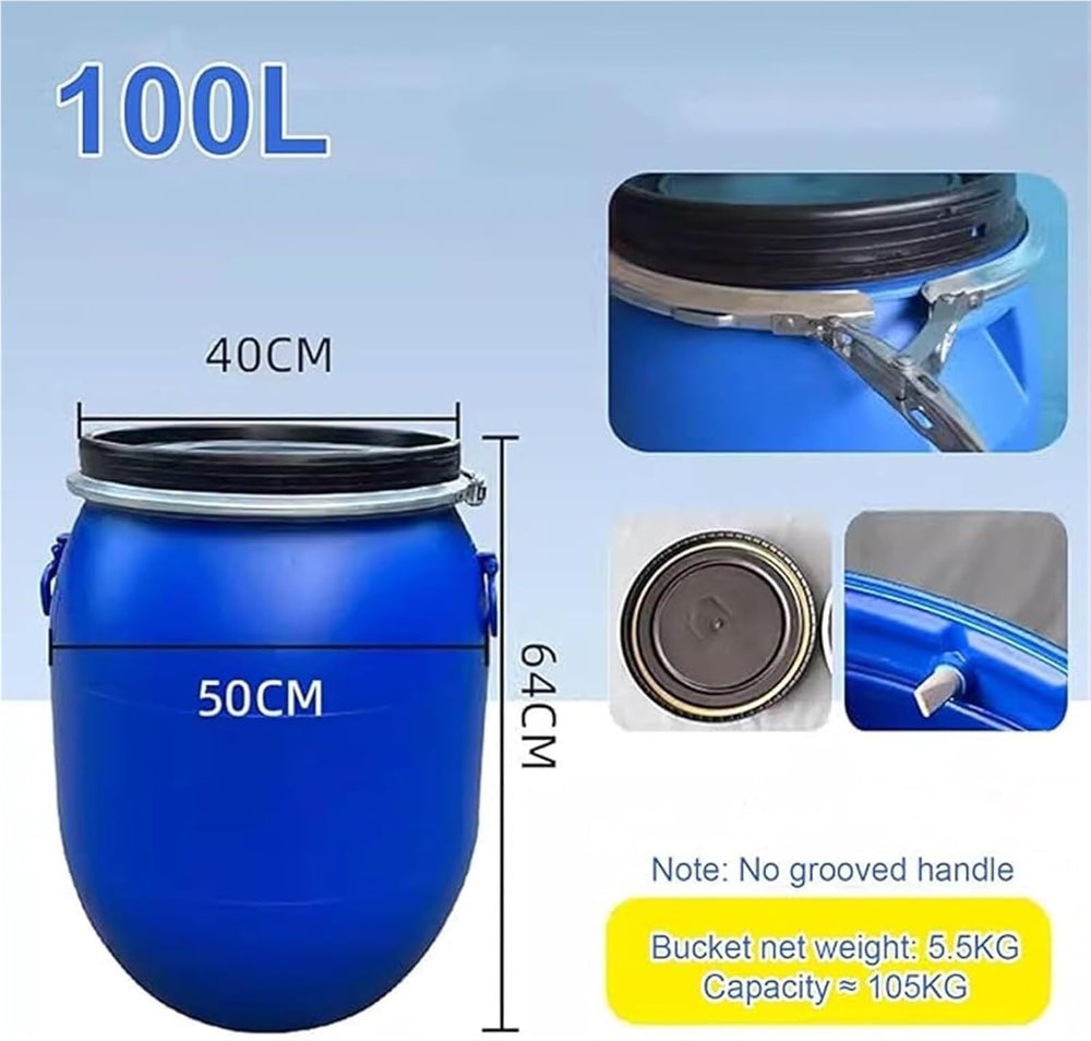 LICOME blue open-top barrel with latch ring demonstrates airtight lid for water storage.