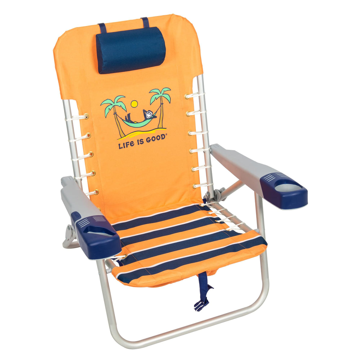 Life is Good lace-up backpack beach chair with pillow for outdoor comfort by the shore