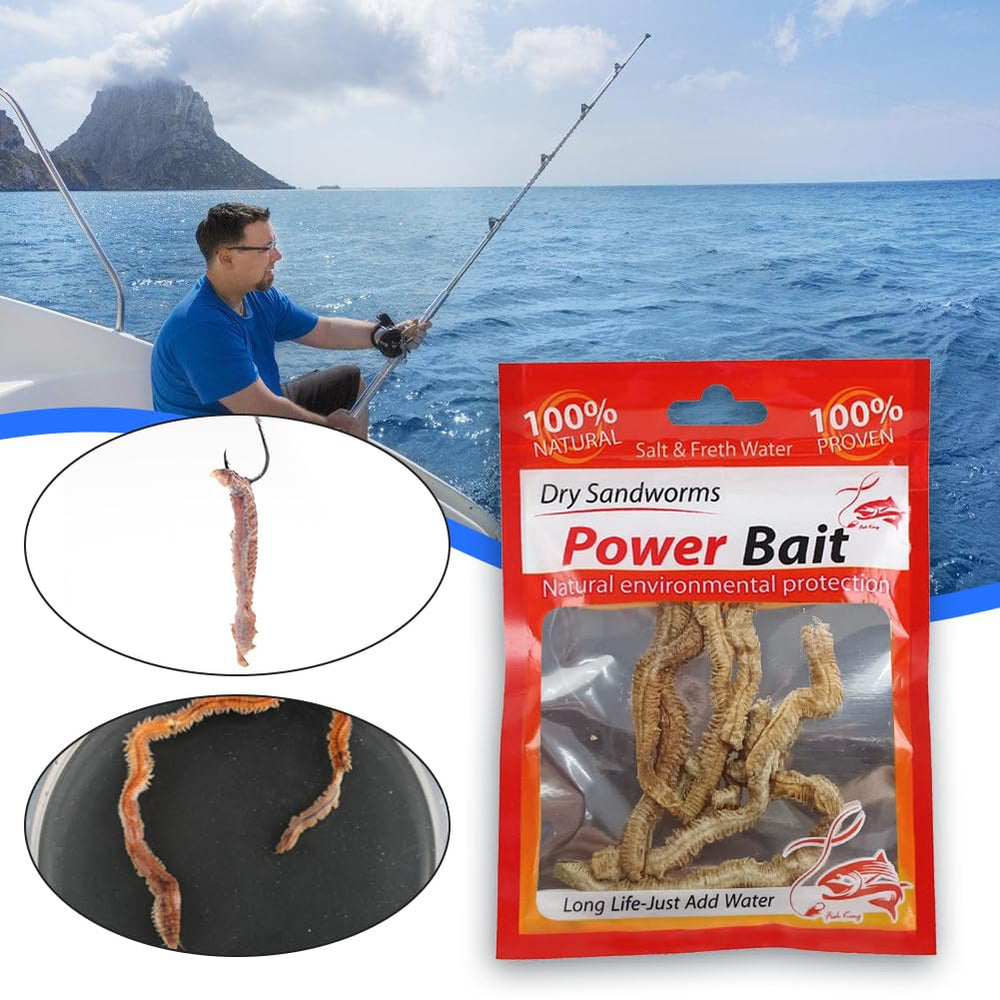 Lifelike Dry Sandworm Lure water-activated shot emphasizes scent release.