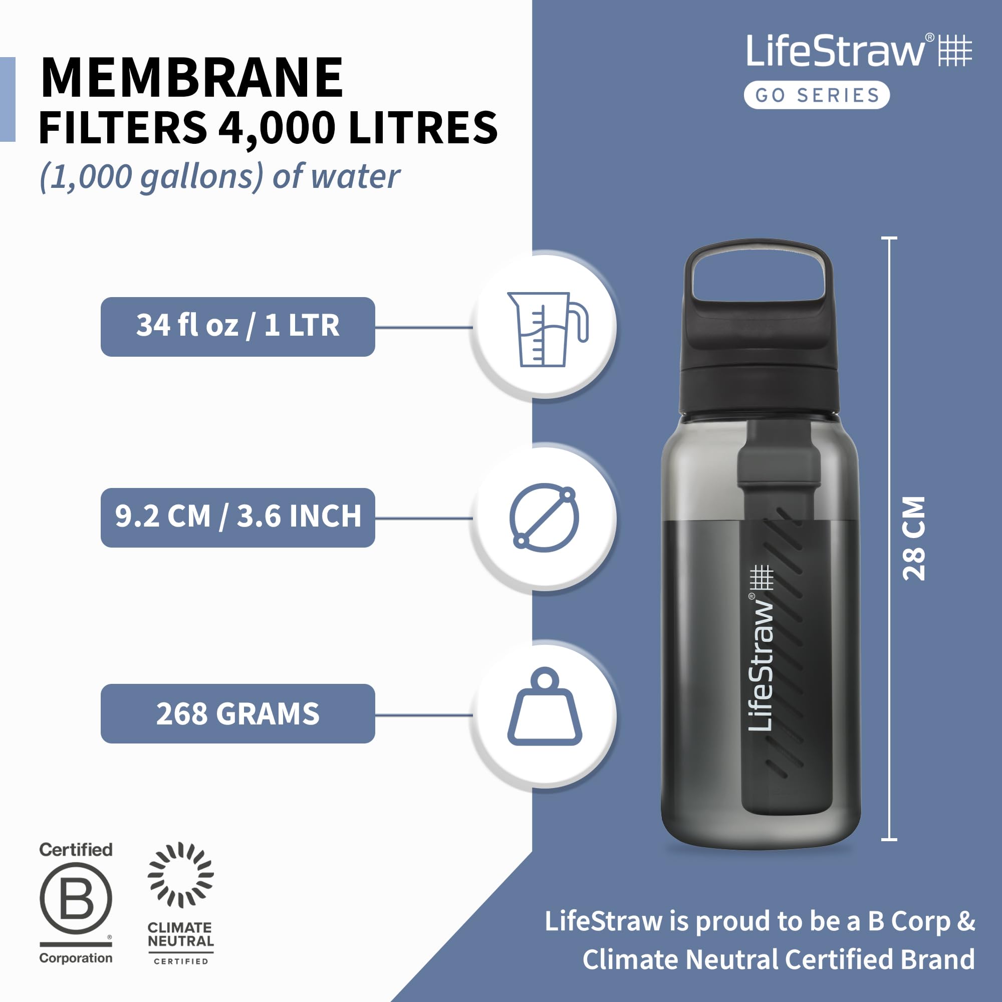 LifeStraw Go carbon filter improves taste by reducing chlorine and odors.