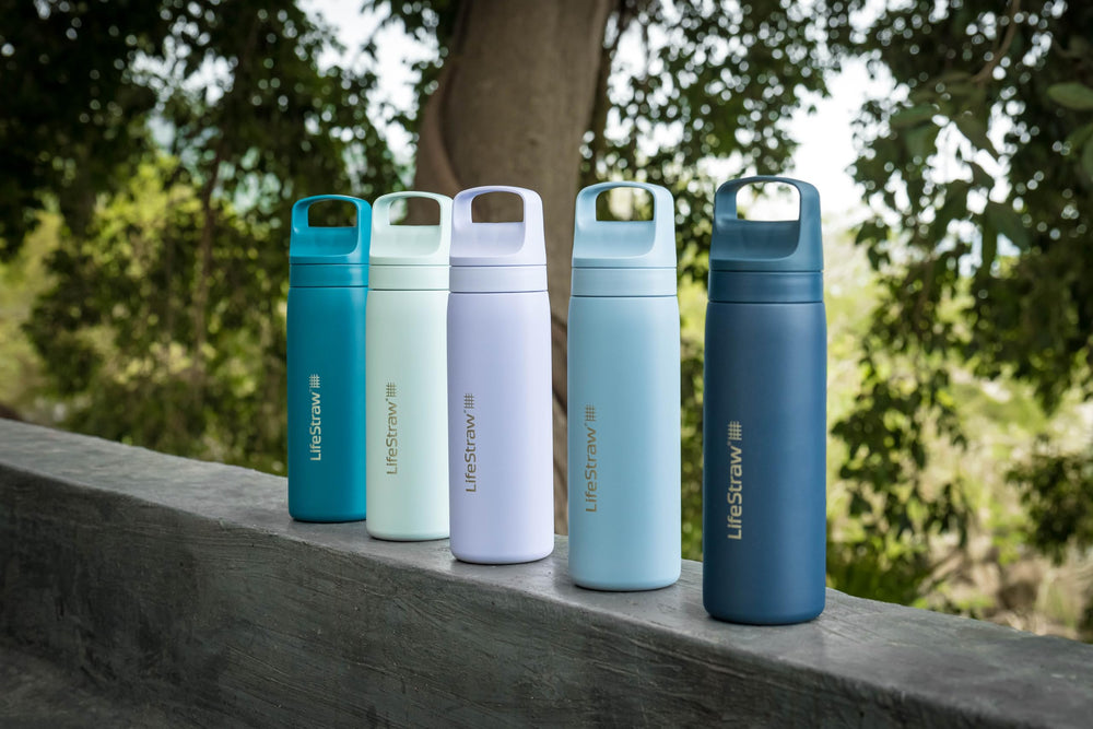 LifeStraw Go Laguna Teal bottle BPA-free label, toxin-free hydration.