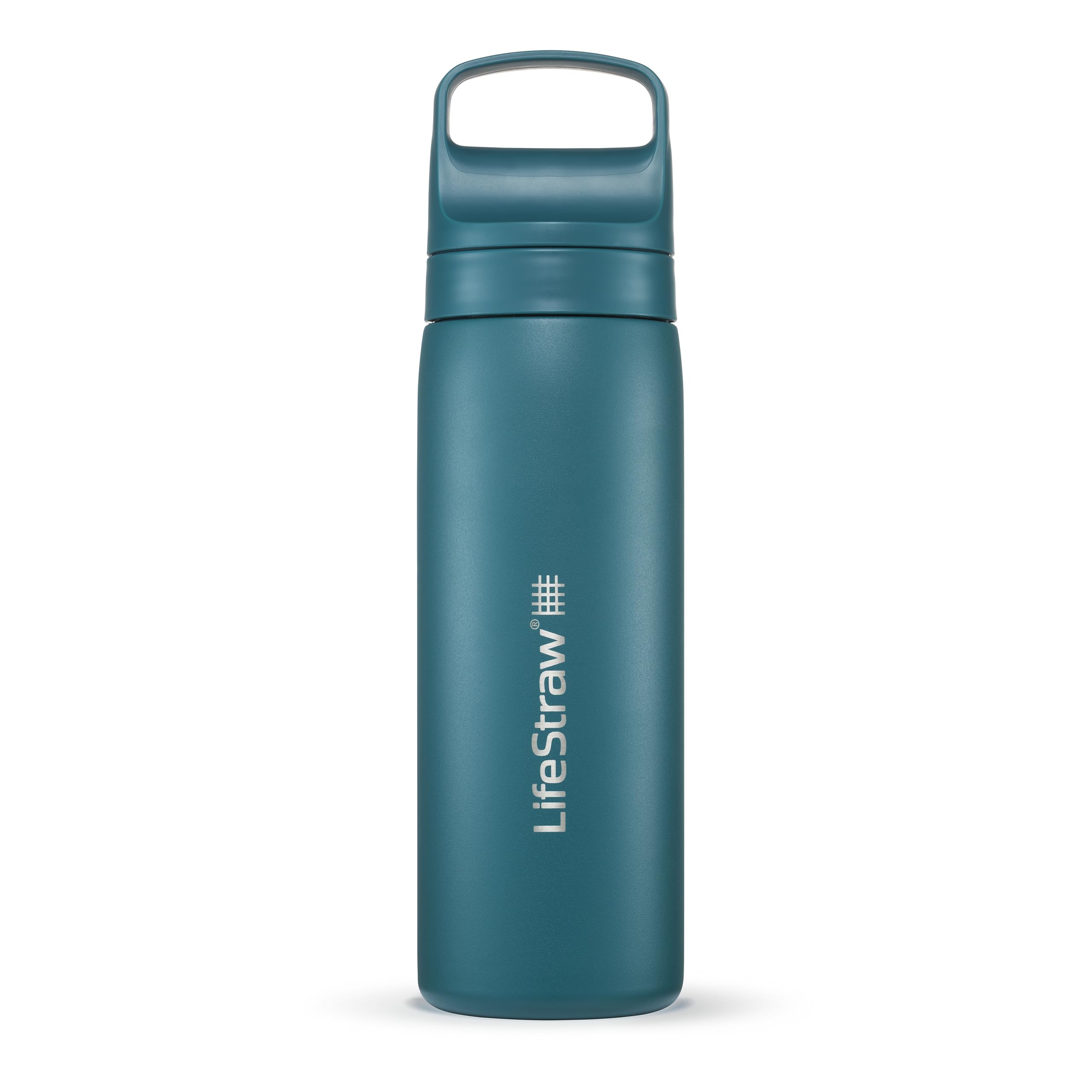 LifeStraw Go Laguna Teal bottle front view, travel-ready insulated design for safer hydration.