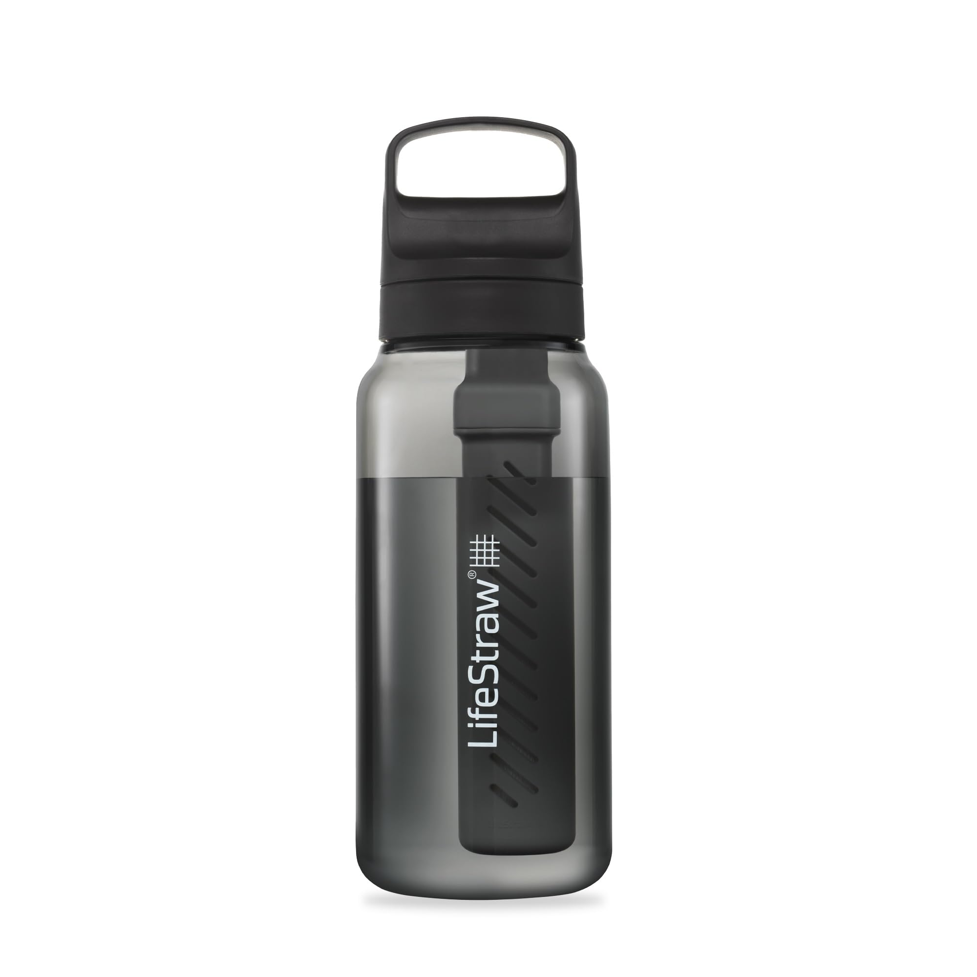 LifeStraw Go Nordic Noir bottle front view for safe, clean hydration on the go.