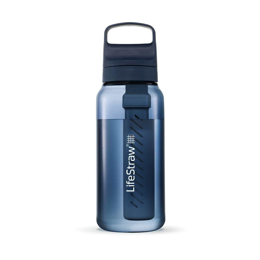 LifeStraw Go Series bottle front view shows 1L capacity for safer hydration on the go.