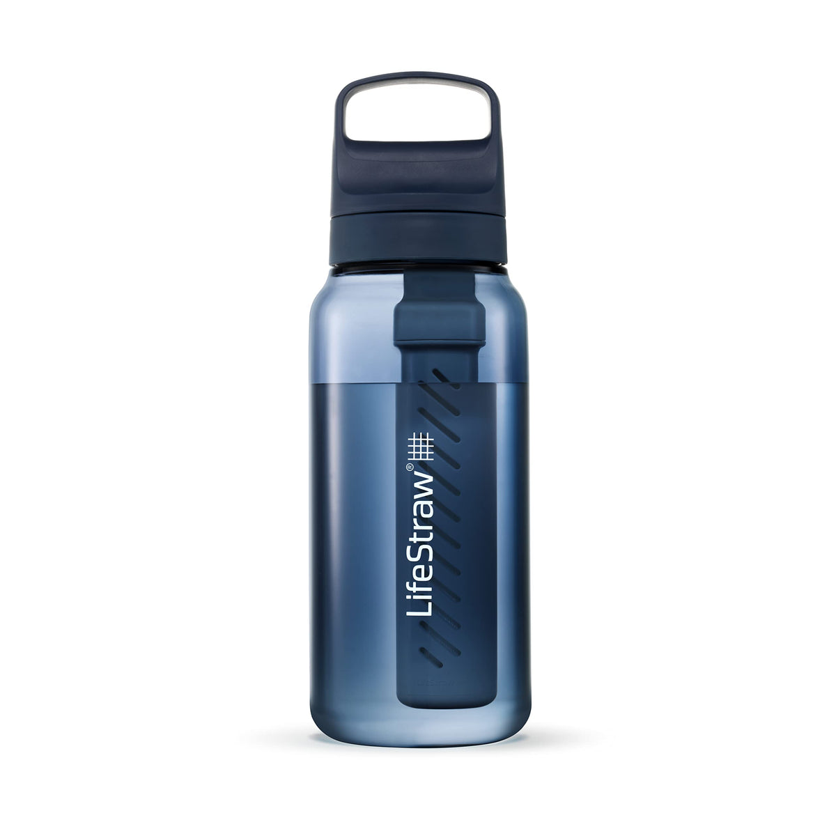 LifeStraw Go Series bottle front view shows 1L capacity for safer hydration on the go.