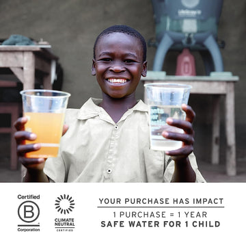 LifeStraw Peak 18,000-liter lifetime capacity supports family use.