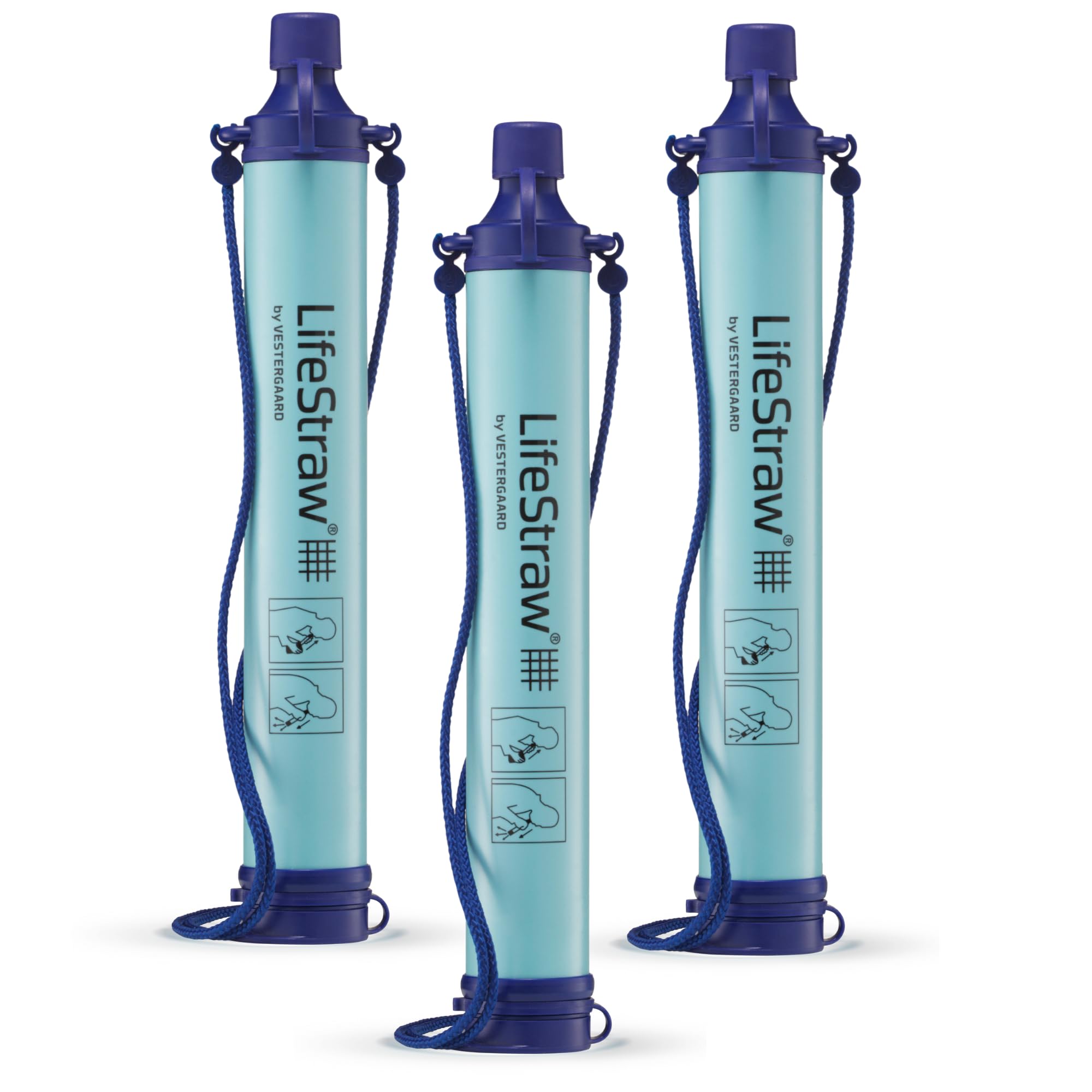 LifeStraw personal water filter blue packaging shows portable protection on hikes.
