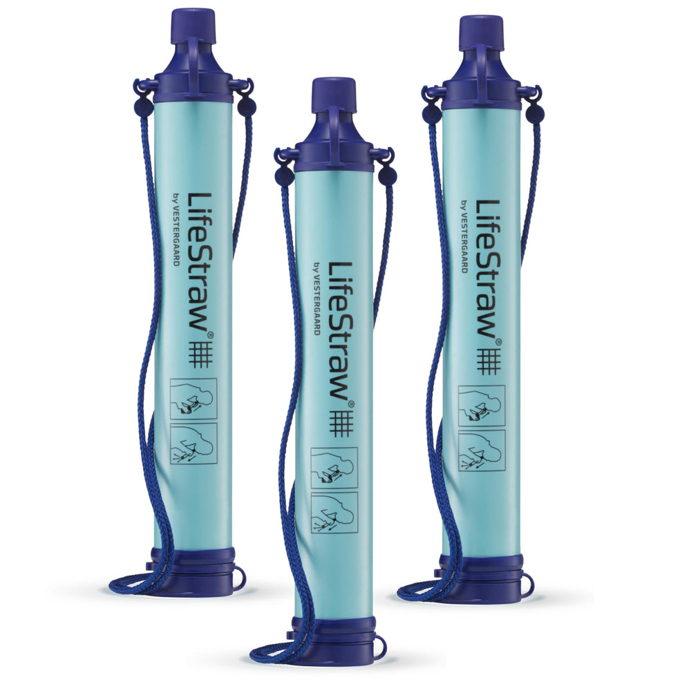 LifeStraw personal water filter blue packaging shows portable protection on hikes.