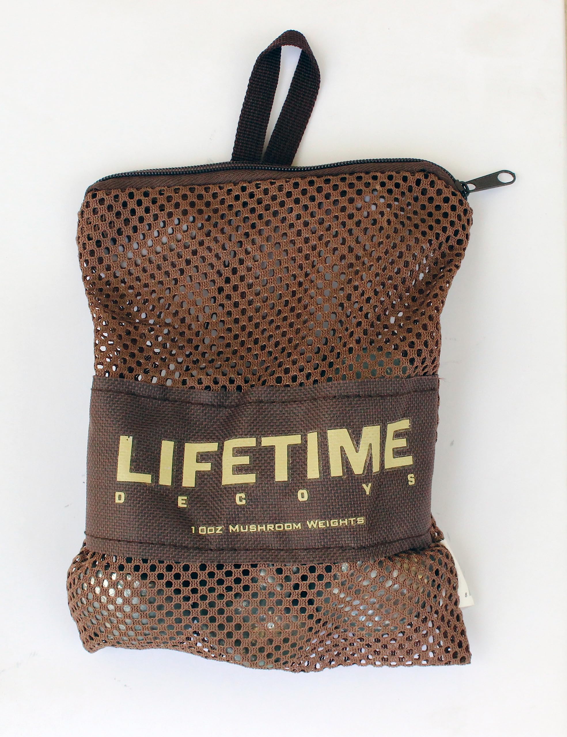 Lifetime 12-pack mushroom weights with zippered mesh bag for easy storage.