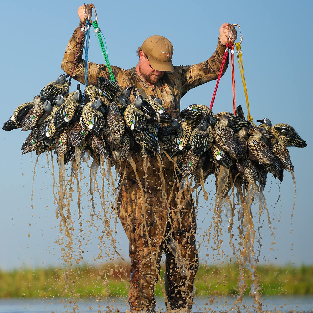 Mesh bag storing twelve rigs for organized field transport