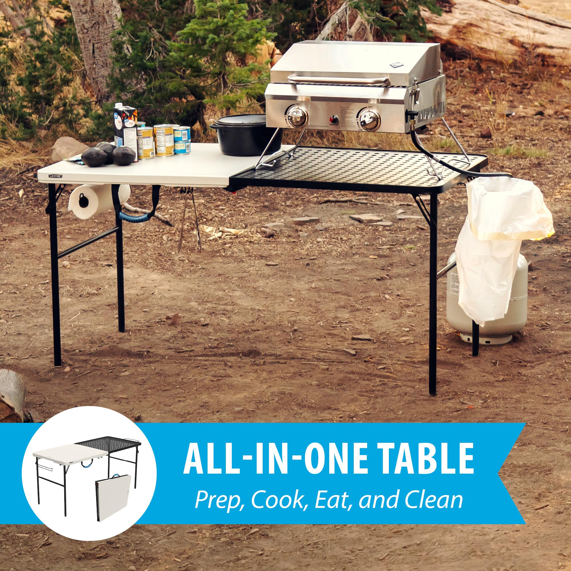 Lifetime Tailgate Table features built-in paper towel holder for quick cleanups