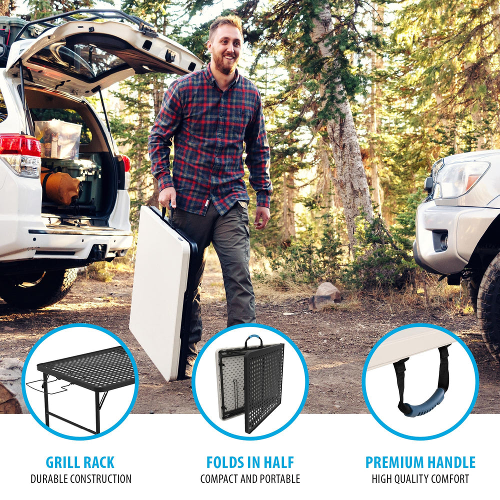 Lifetime Tailgate Table includes trash bag holder to help keep spaces tidy