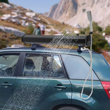 Liffshsy shower head detail with steady water flow.