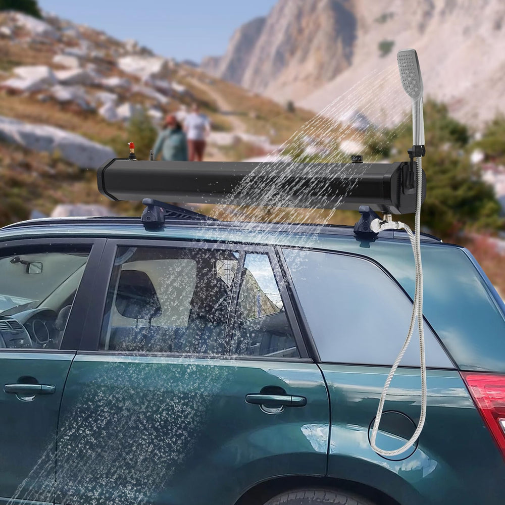 Liffshsy shower head detail with steady water flow.