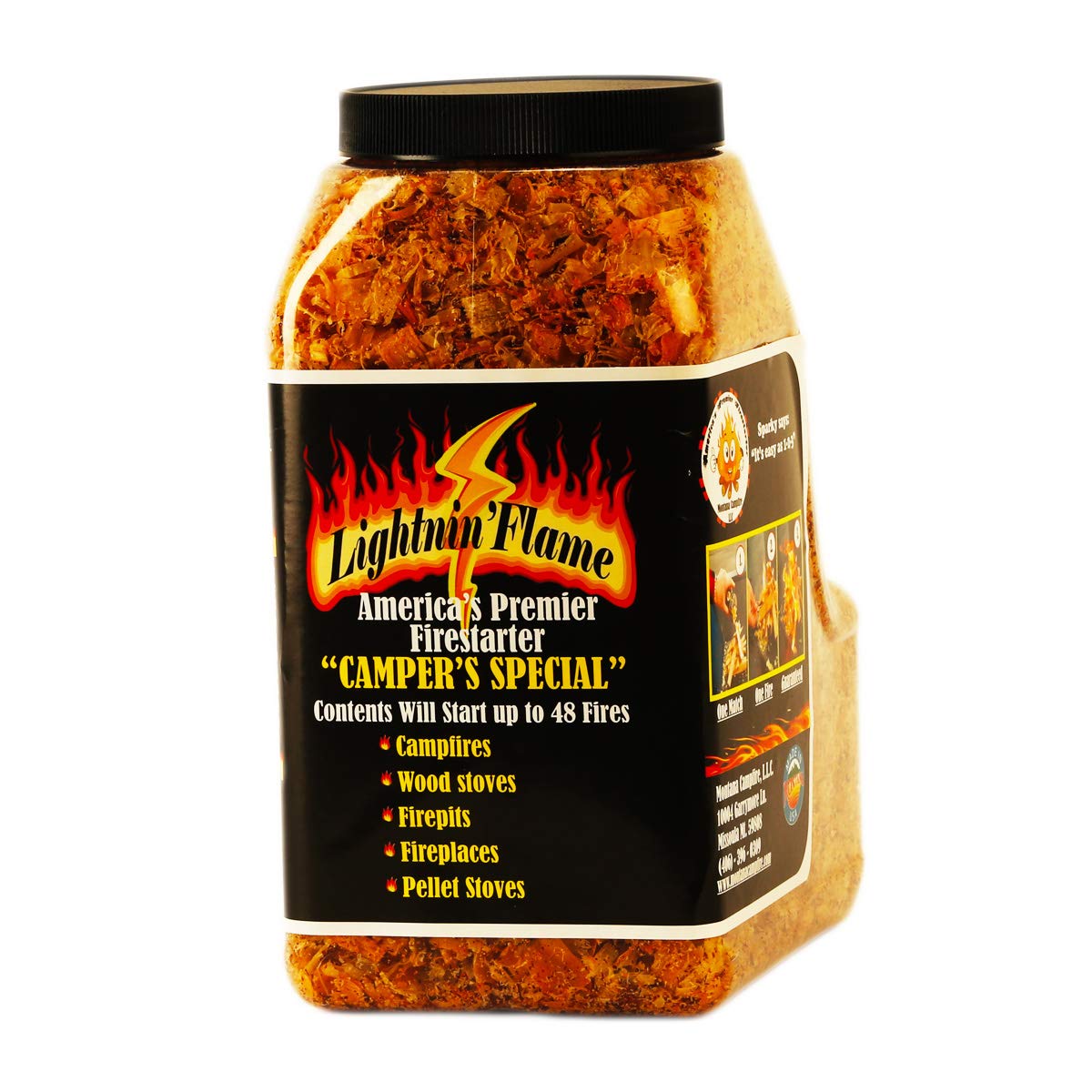 LIGHTNIN'FLAME Firestarter packaging waterproof for reliable outdoor fires.