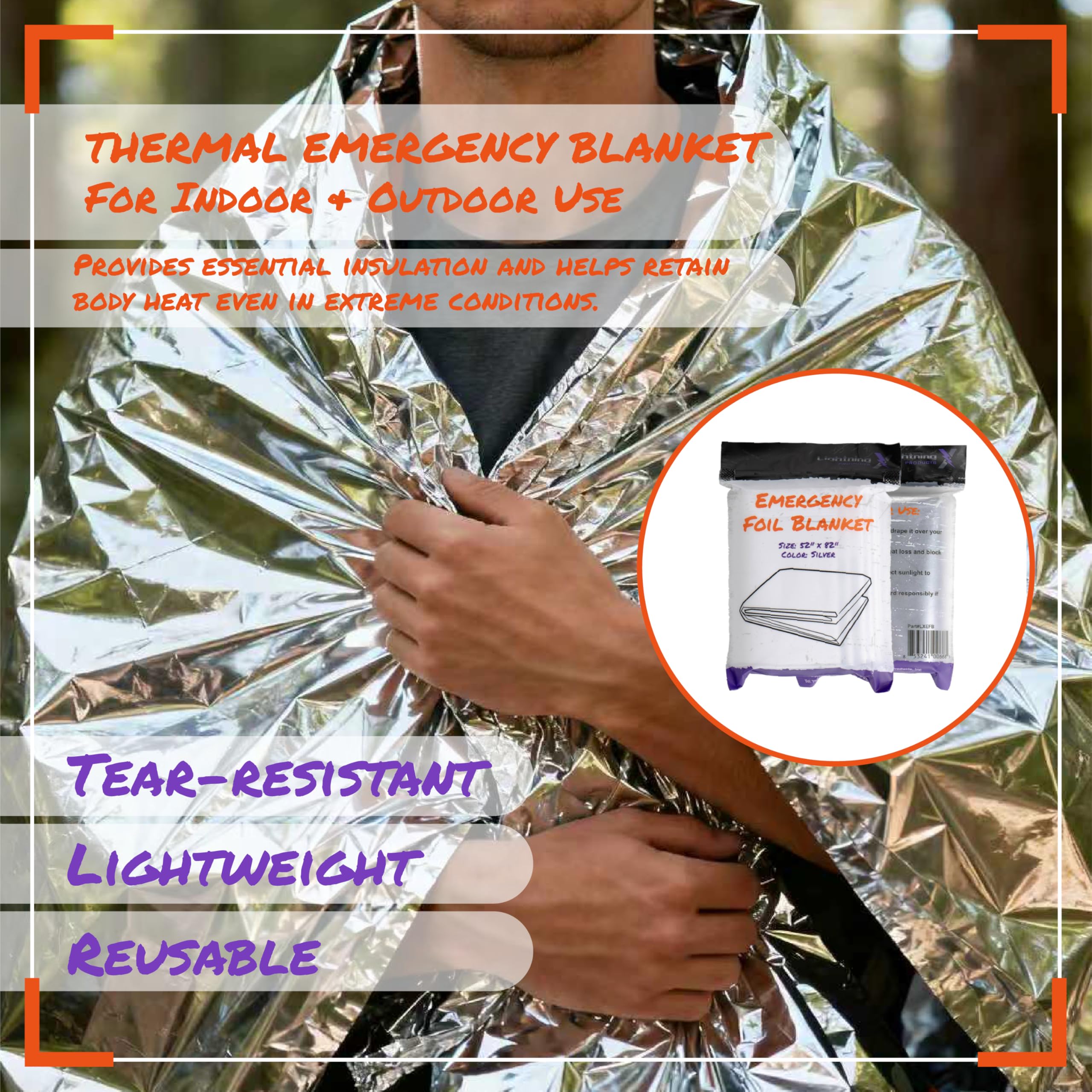 Lightning X 90 percent heat reflective surface helps conserve body heat