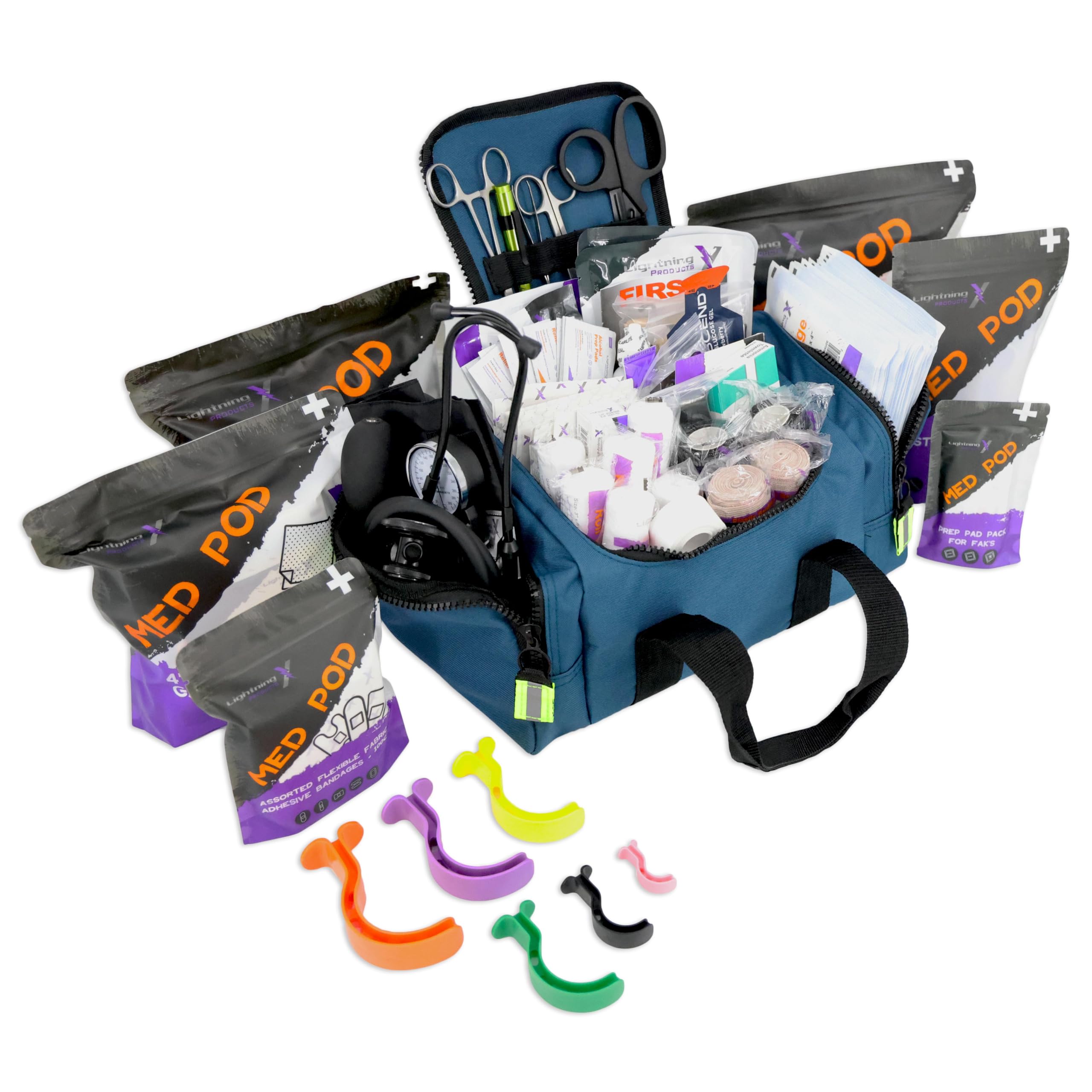 Lightning X blue compact medic bag front view for EMS transport and quick access.