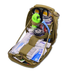 Lightning X gunshot trauma kit tan front view showing MOLLE compatibility.
