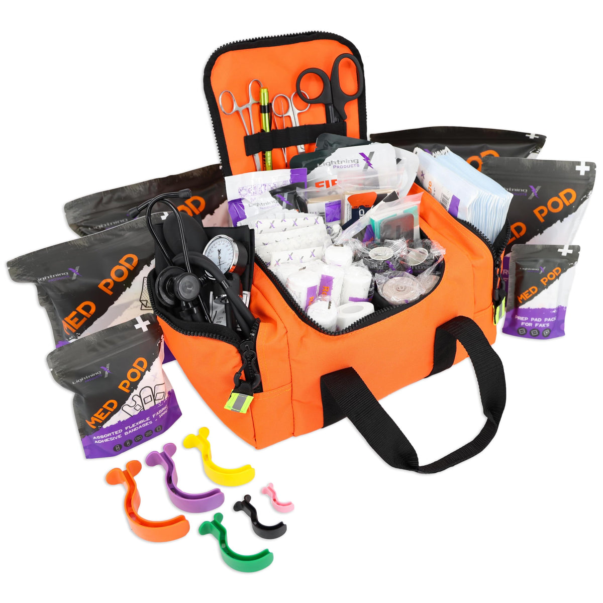 Lightning X LXMB10 front view shows compact EMS bag in orange for visibility and ready access
