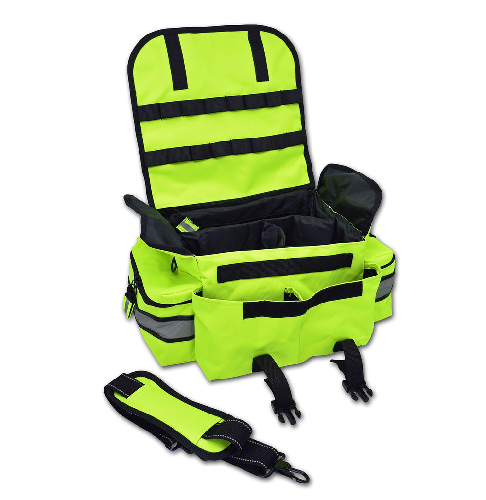 Lightning X Products EMT jump bag close-up showing organized divider system for trauma response