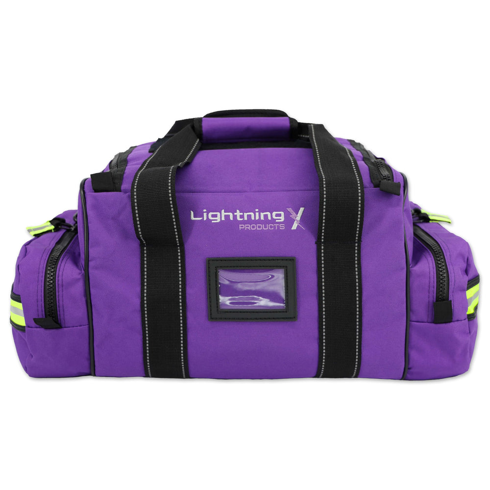 Lightning X Products ergonomic reflective shoulder strap on purple bag for comfort during shifts.