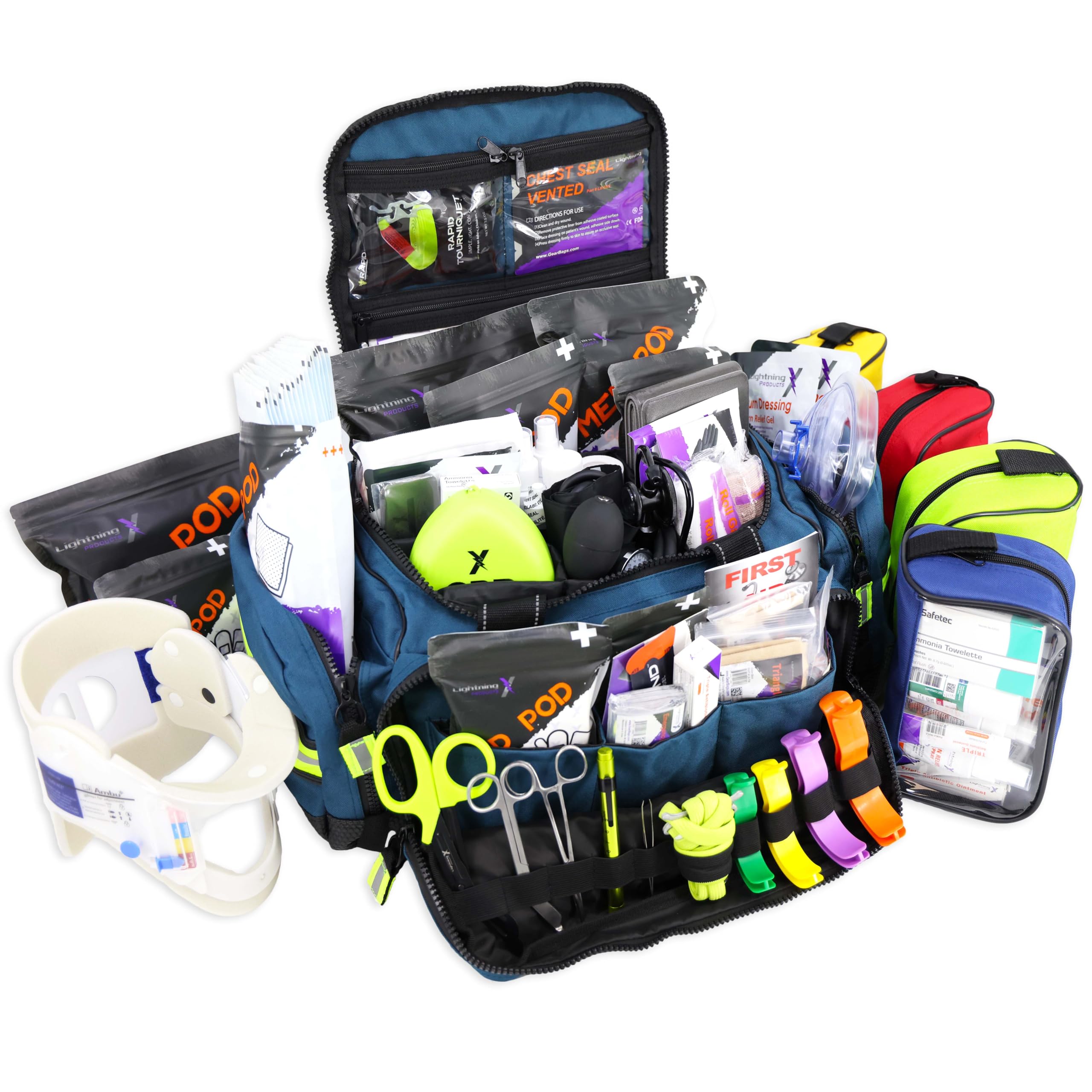 Lightning X Products stocked blue front view of EMT trauma bag highlighting readiness
