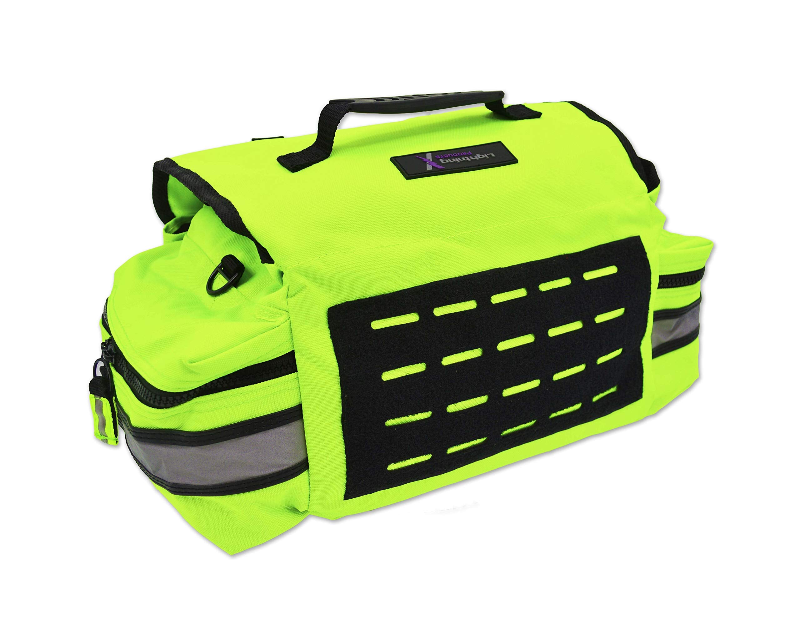 Lightning X Products trauma EMS jump bag side view highlights high-visibility fluorescent exterior