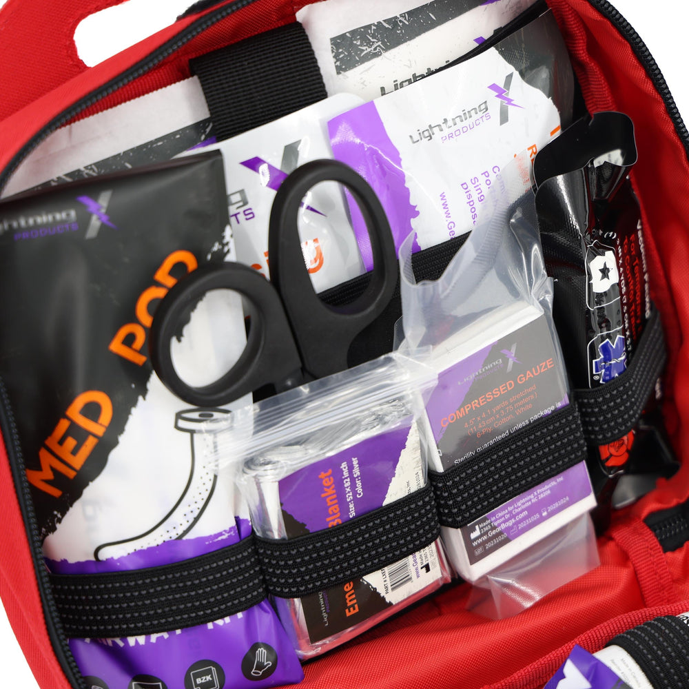 Lightning X Rip-Away red IFAK kit mounted on backpack remains accessible.