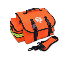 Lightning X Products small EMT jump bag front view in fluorescent orange for rapid access.