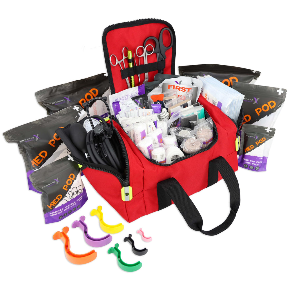 Lightning X Value compact medic bag front view, sturdy red design for quick access to tools