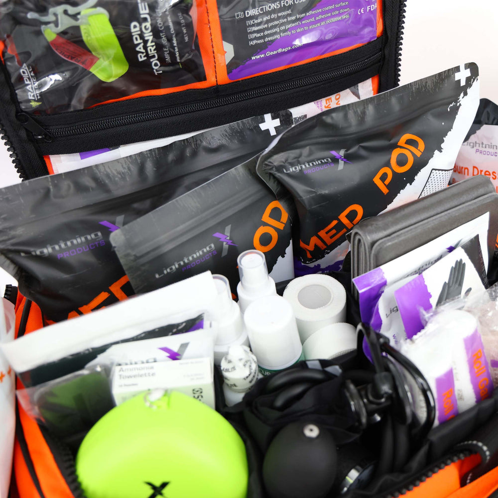 Lightning X MB35 trauma bag open showing organized contents.