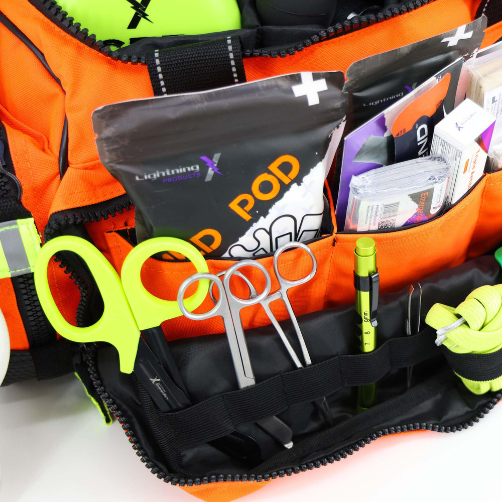 Lightning X MB35 trauma bag with adjustable shoulder strap for portable use.