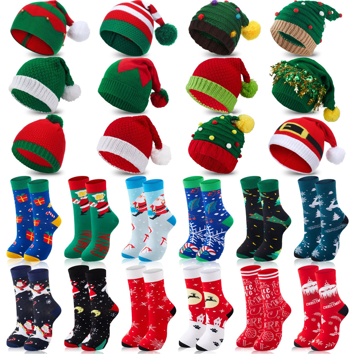 Liitrsh 24 Pack Christmas knitted beanie hats and socks set – assorted festive colors