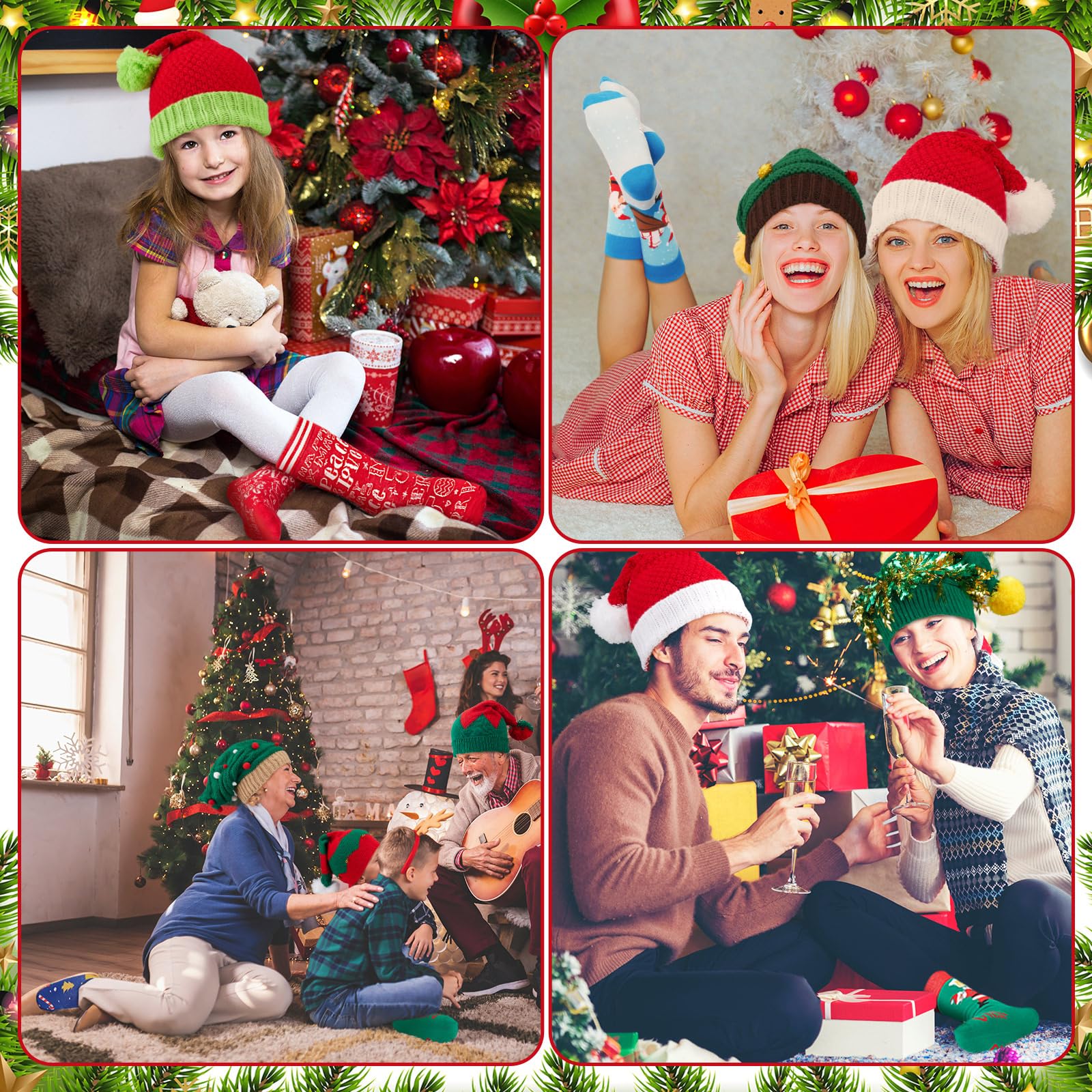 Family wearing Liitrsh Christmas knit hats and socks during holiday season