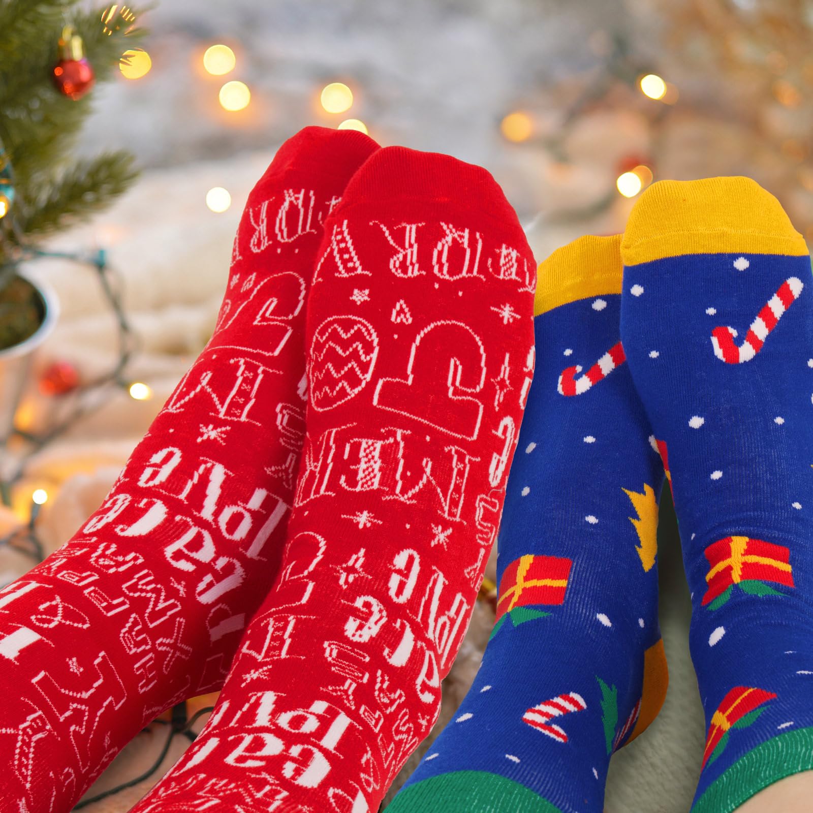 Unpacked Liitrsh Christmas beanie hats and crew socks in packaging