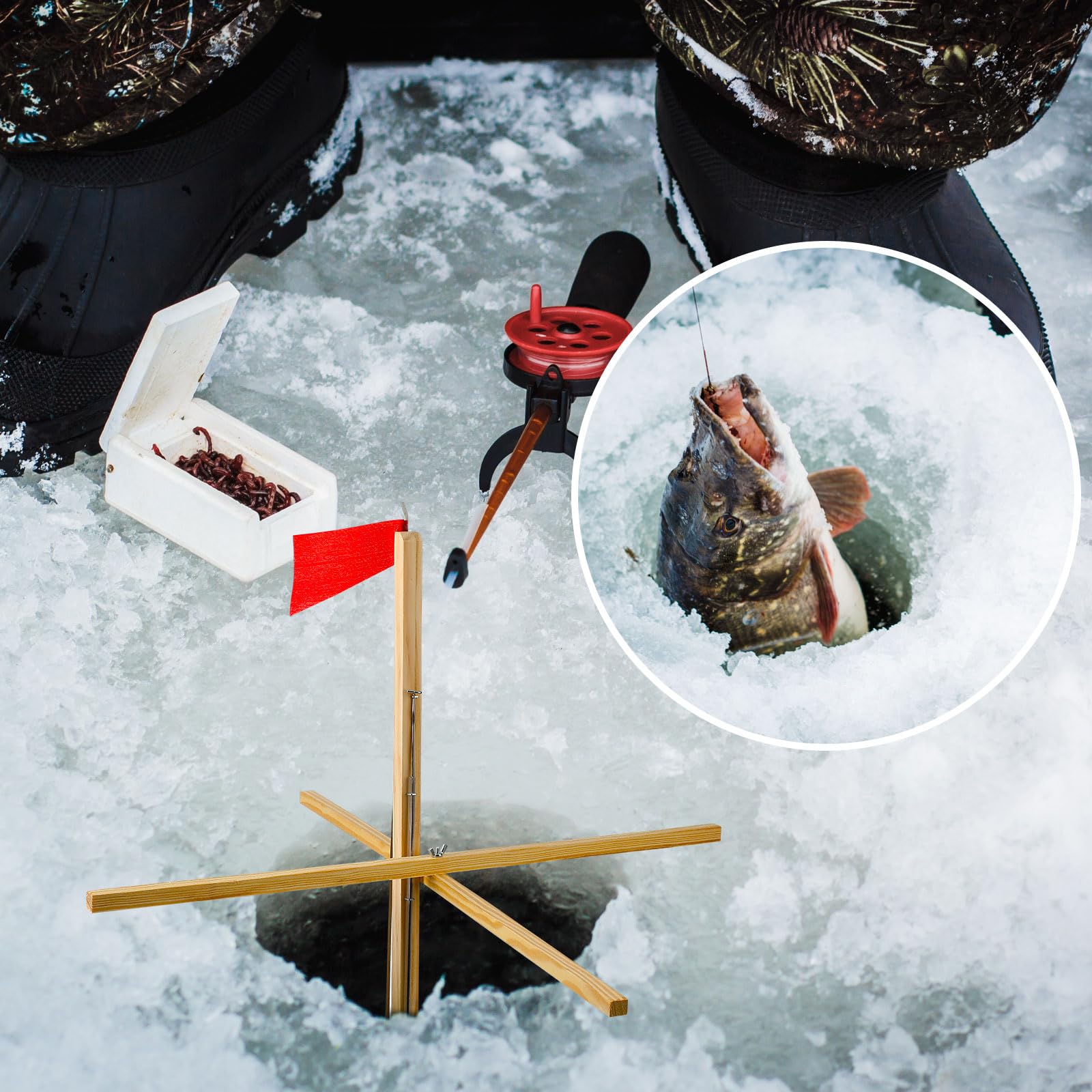 Liliful tip ups on snow, demonstrating portability and compact storage.
