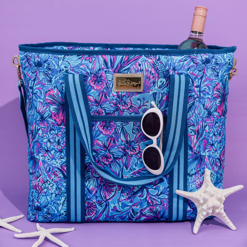 Lilly Pulitzer adjustable shoulder strap detail offers customizable comfort for travel.