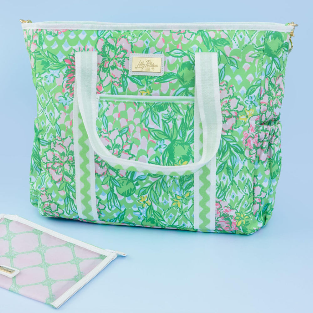 Lilly Pulitzer cooler opened to reveal flexible storage and organization