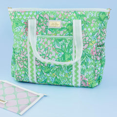 Lilly Pulitzer cooler opened to reveal flexible storage and organization