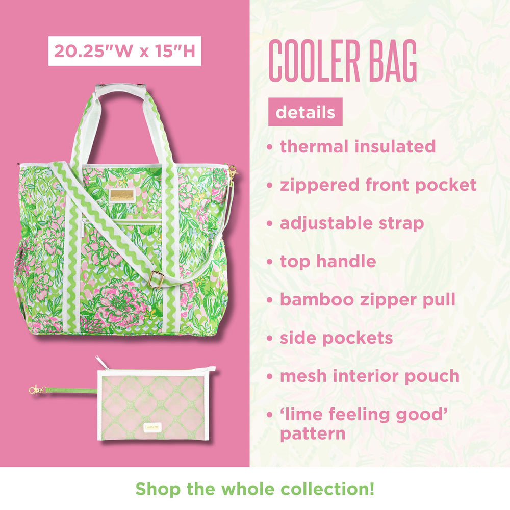 Lilly Pulitzer cooler with adjustable strap ready for travel and errands