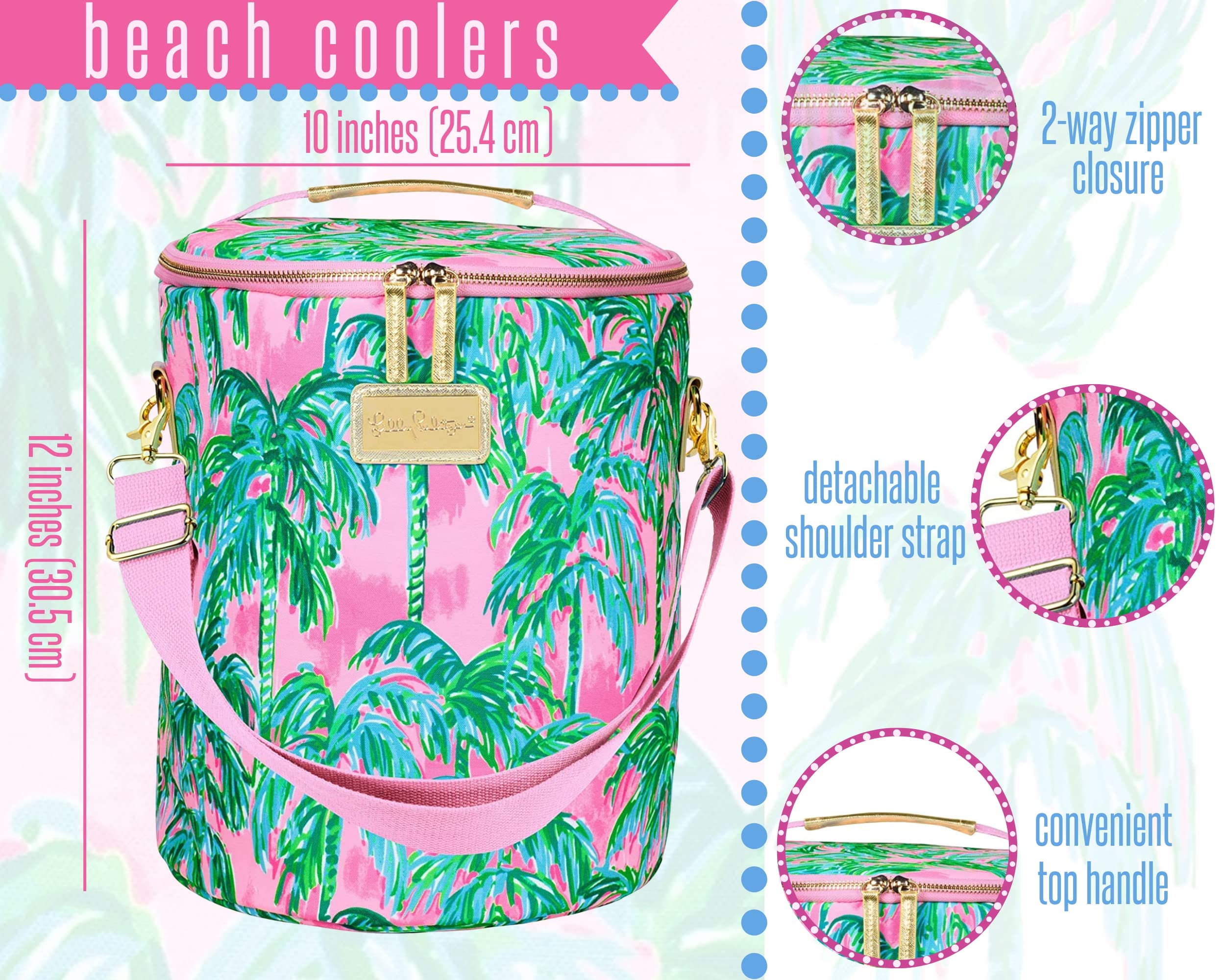 Lilly Pulitzer Suite Views cooler strap adjusted for hands-free carrying comfort.