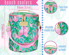 Lilly Pulitzer Suite Views cooler strap adjusted for hands-free carrying comfort.