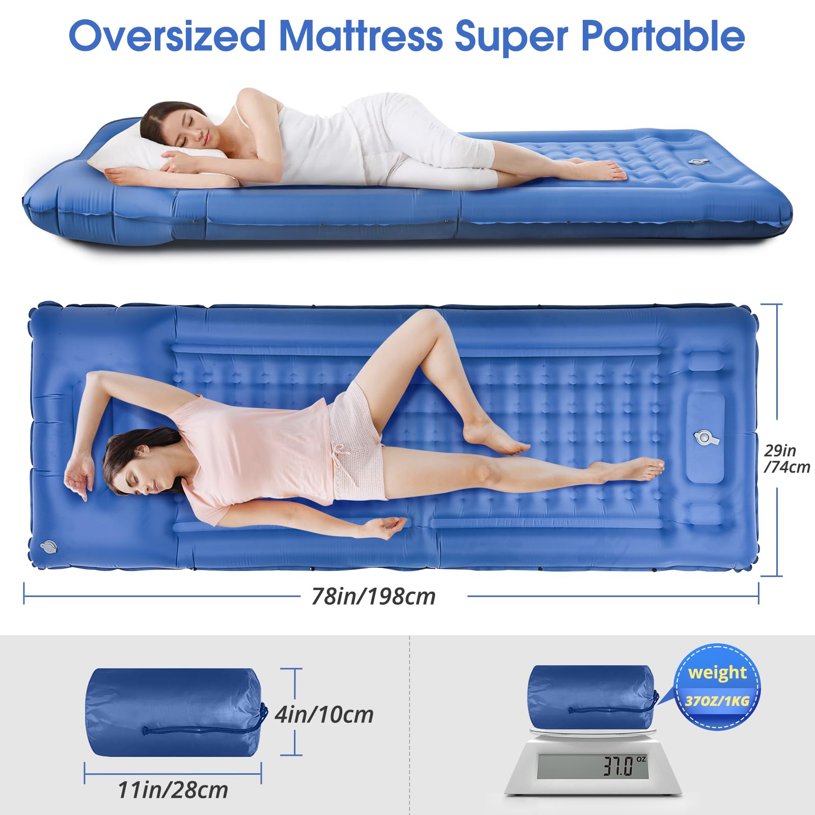 LILTSDRAE sleeping pad top view shows oversized dimensions for versatile lying positions.
