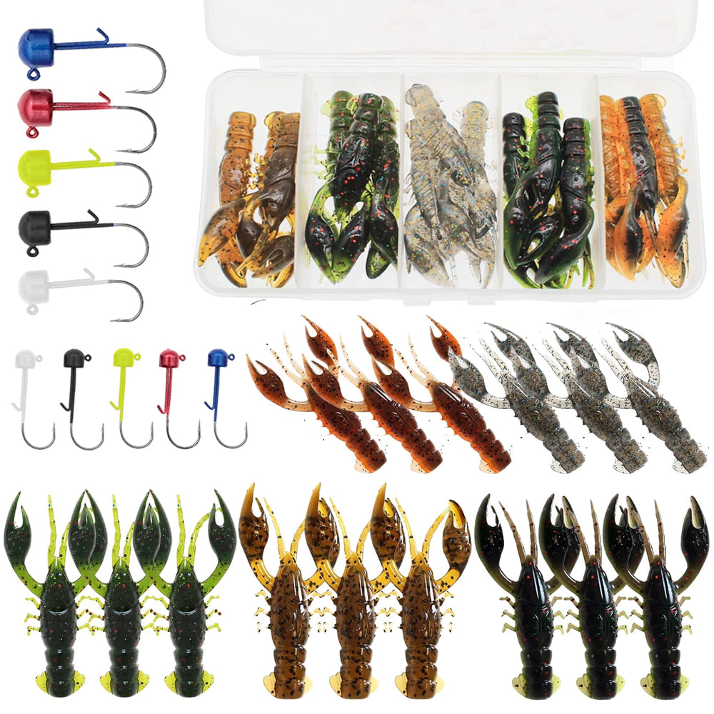 Lilureena 25 piece bass fishing kit with soft plastic crayfish lures
