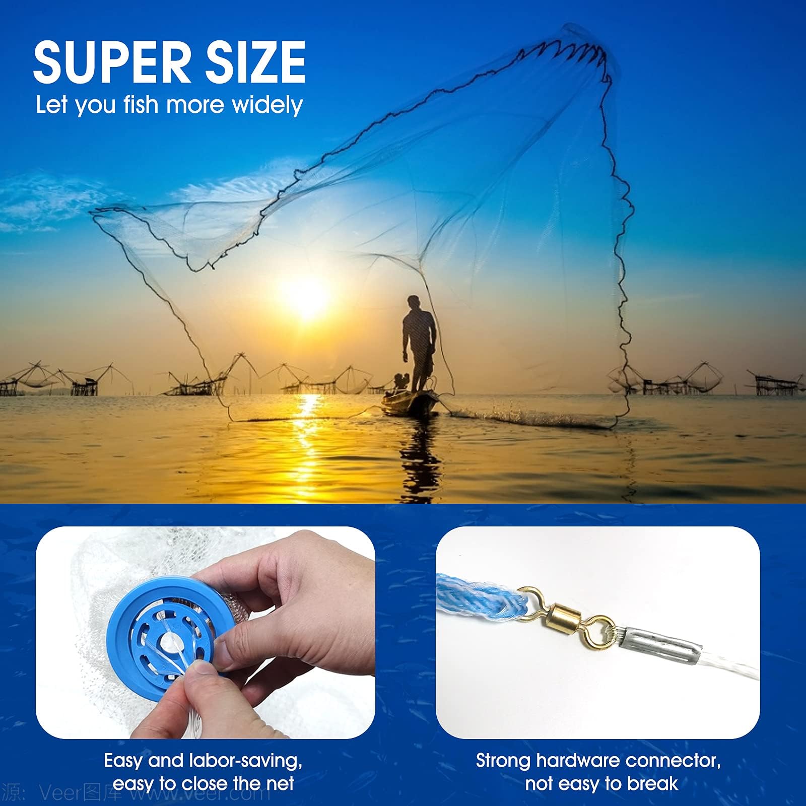 Lilureena cast net shows stainless steel weights for balanced sinking.