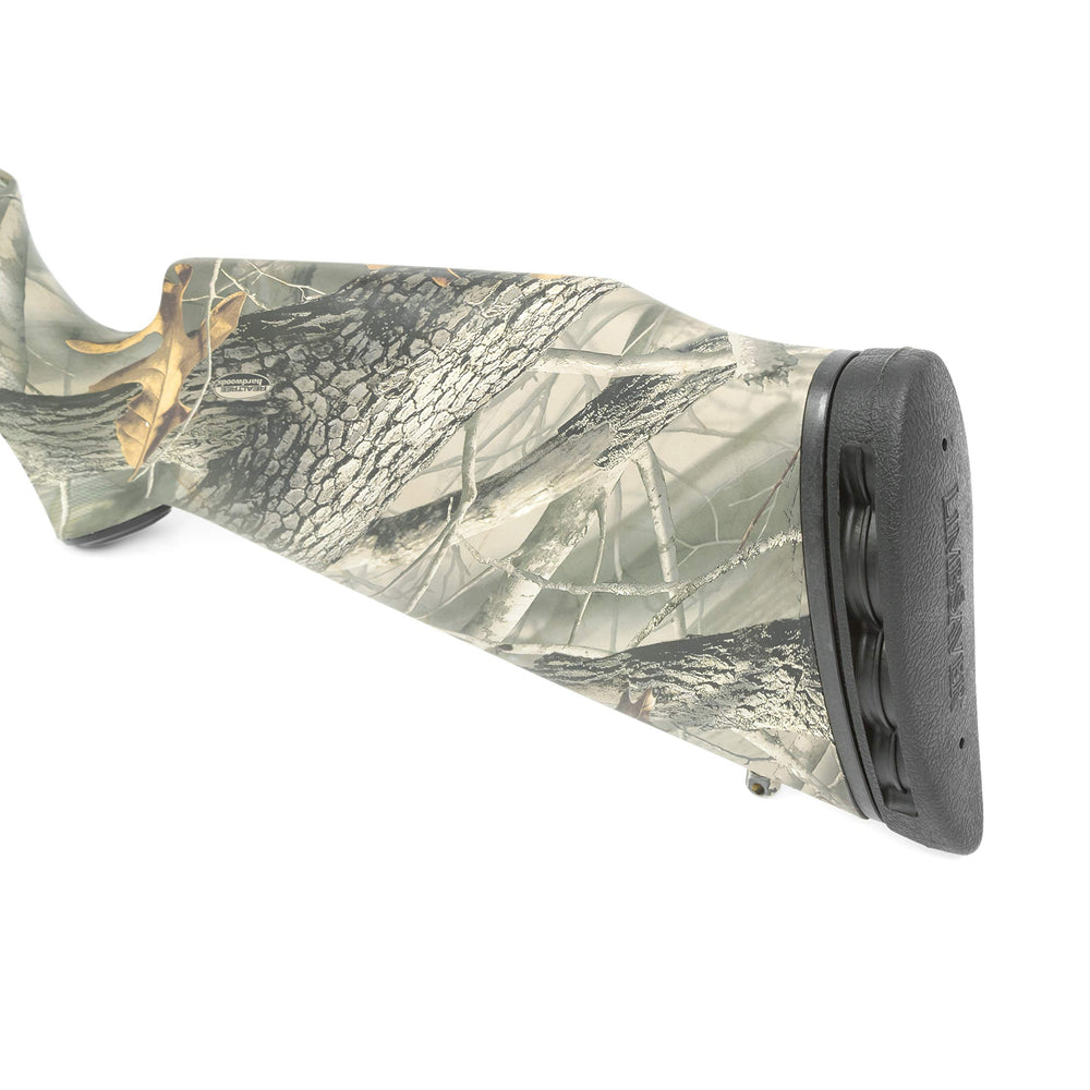 LimbSaver black recoil pad contrasts on wood stock for visible stability.